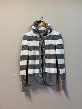 Aeropostale Gray White Striped Hooded Cardigan Button Up Medium Y2K